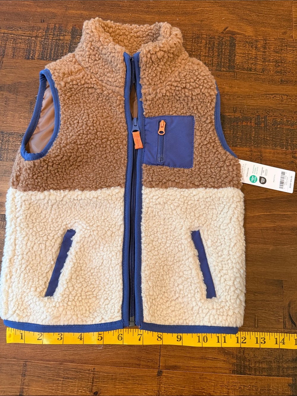 Carter’s Colorblock Sherpa Vest in Brown and Cream with Blue Trim. 2T